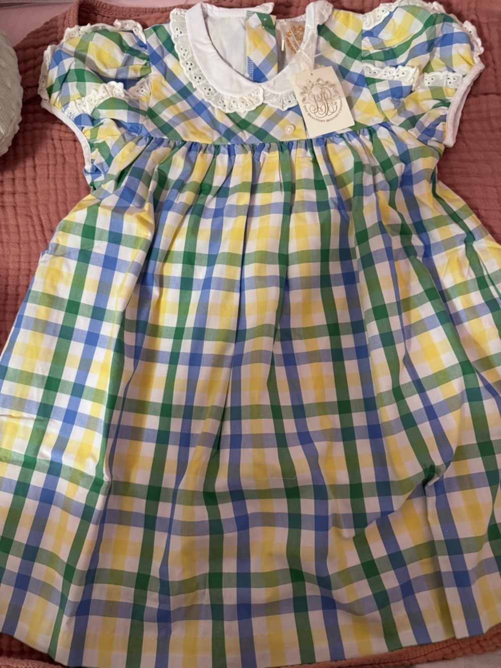 Pastel Plaid Smocked Baby Dress with Lace Collar